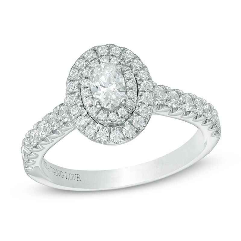 Main Image 1 of Previously Owned - Vera Wang Love Collection 3/4 CT. T.W. Oval Diamond Double Frame Engagement Ring in 14K White Gold