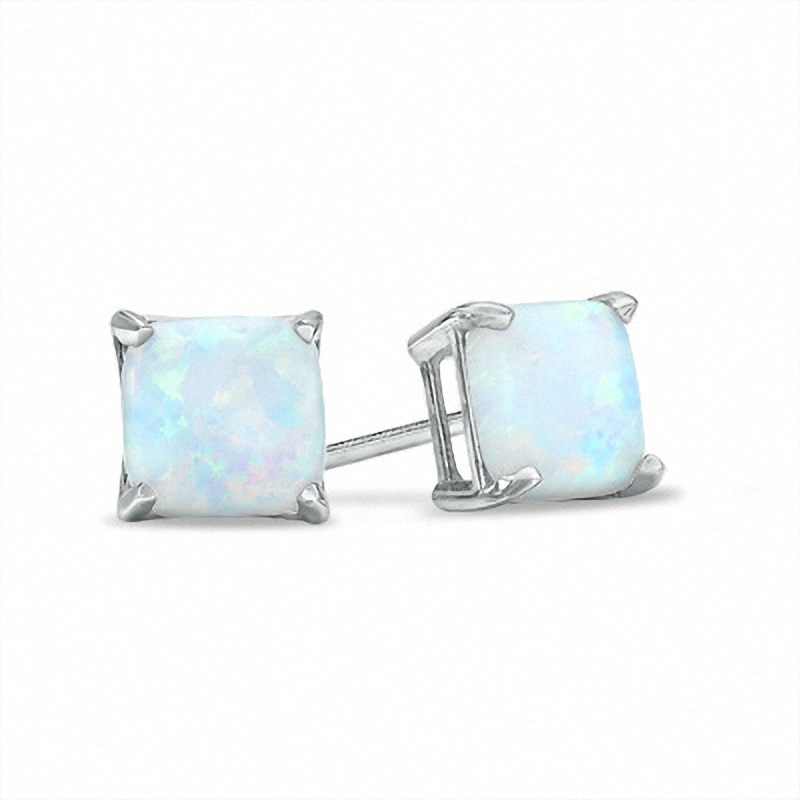 Main Image 1 of Previously Owned - 6.0mm Cushion-Cut Lab-Created Opal Stud Earrings in 10K White Gold
