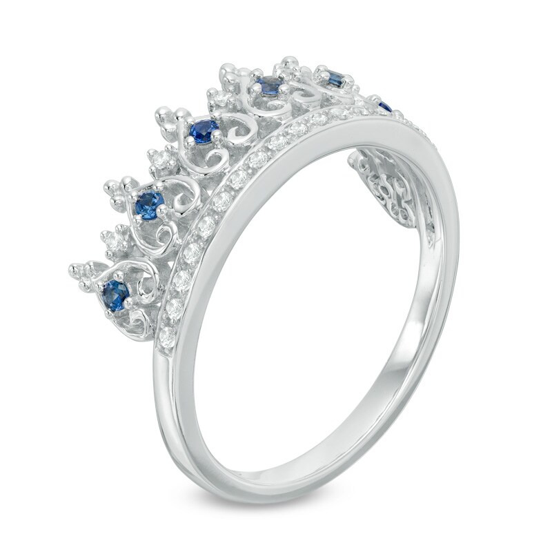 Main Image 2 of Previously Owned - Lab-Created Blue Sapphire and 1/15 CT. T.W. Diamond Crown Ring in Sterling Silver