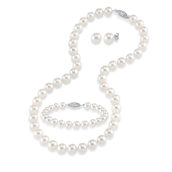 Previously Owned-8.0-9.0mm Freshwater Cultured Pearl Necklace, Bracelet and Earrings Set in 14K White Gold-17"