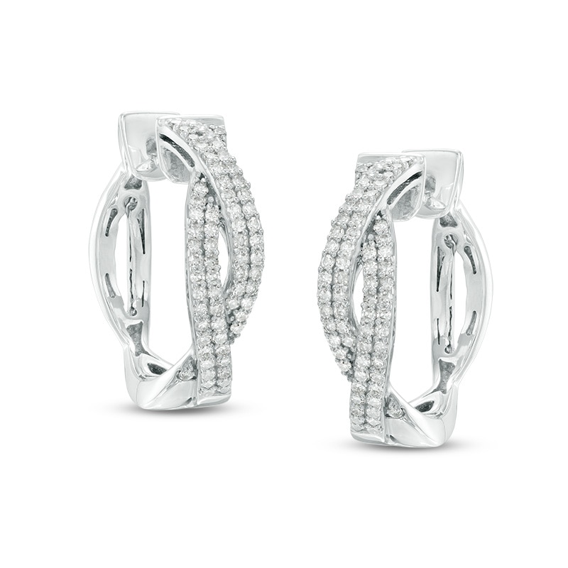 Main Image 1 of Previously Owned - 3/4 CT. T.W. Diamond Double Row Twisted Hoop Earrings in 10K White Gold