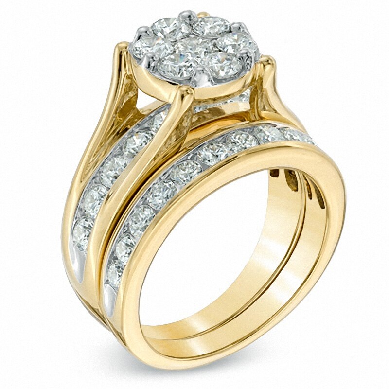 Main Image 2 of Previously Owned - 2-1/2 CT. T.W. Diamond Flower Cluster Bridal Set in 14K Gold