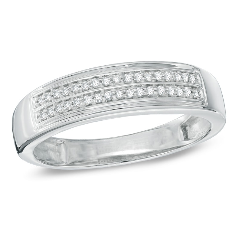 Main Image 1 of Previously Owned - Men's 1/6 CT. T.W. Diamond Double Row Wedding Band in 10K White Gold