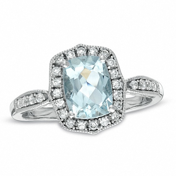 Previously Owned - Cushion-Cut Aquamarine and Lab-Created White Sapphire Ring in Sterling Silver