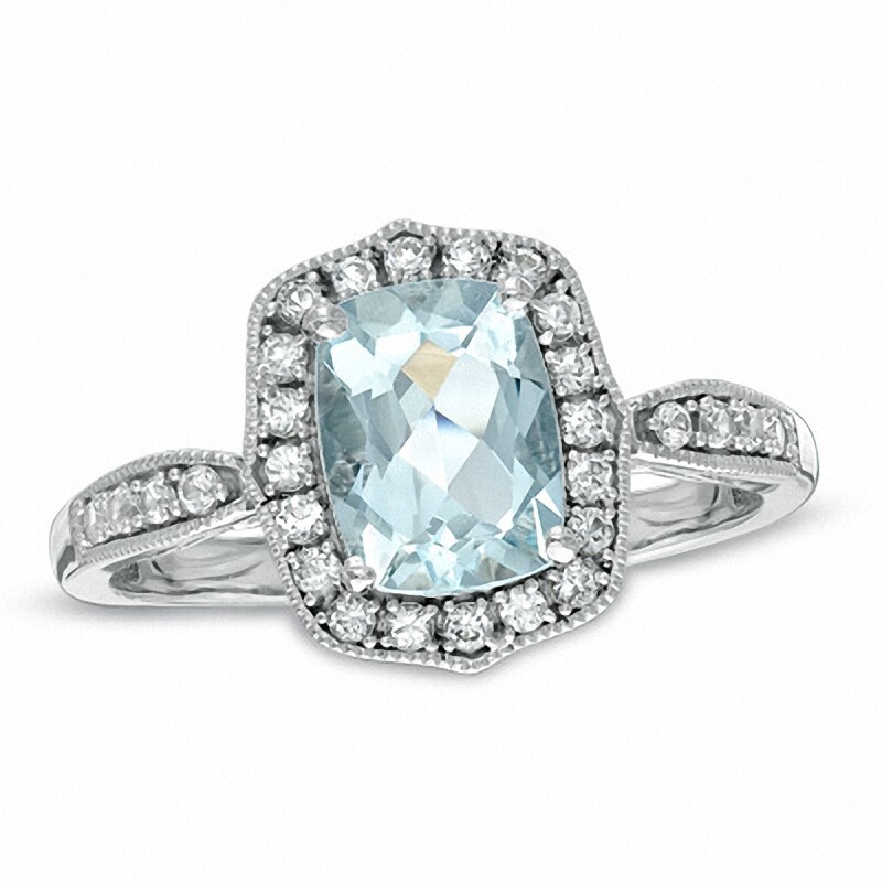 Main Image 1 of Previously Owned - Cushion-Cut Aquamarine and Lab-Created White Sapphire Ring in Sterling Silver