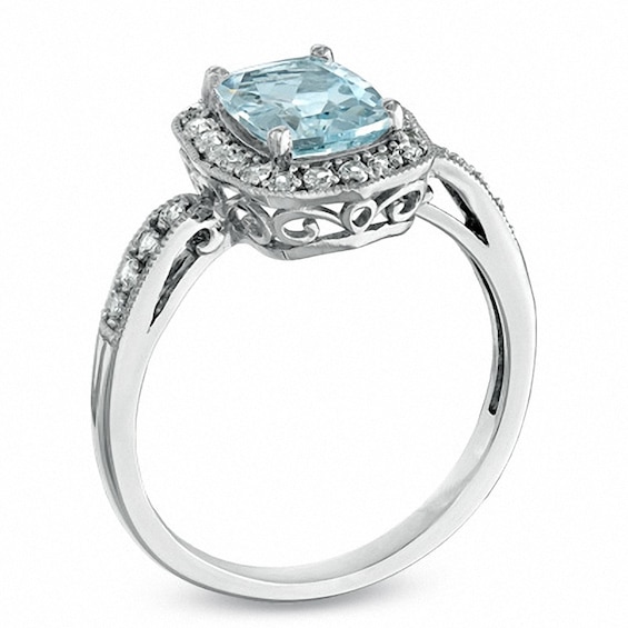 Previously Owned - Cushion-Cut Aquamarine and Lab-Created White Sapphire Ring in Sterling Silver