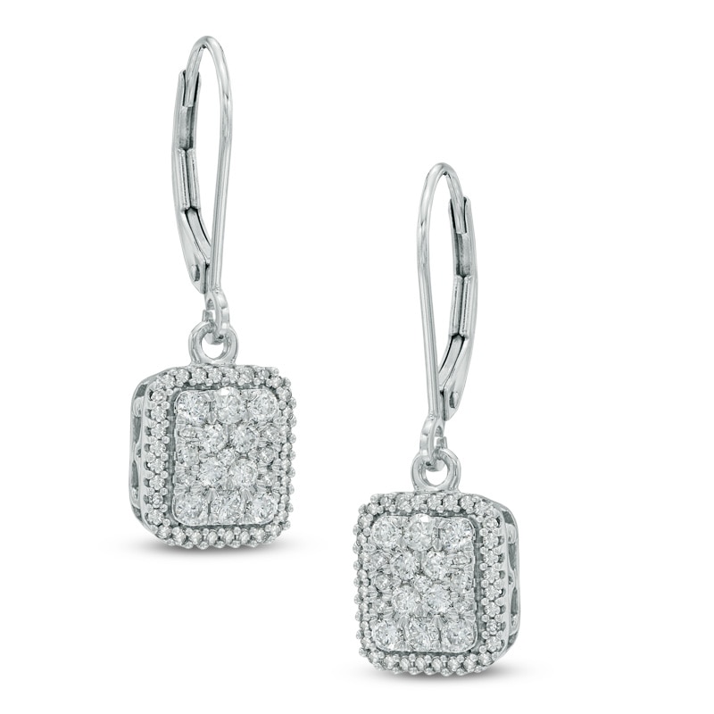 Main Image 1 of Previously Owned - 3/4 CT. T.W. Multi-Diamond Rectangular Cluster Frame Drop Earrings in 10K White Gold