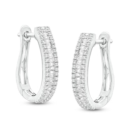 Previously Owned - 1/2 CT. T.W. Baguette and Round Diamond Hoop Earrings in 10K White Gold