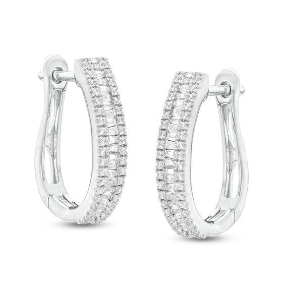 Previously Owned - 1/2 CT. T.w. Baguette and Round Diamond Hoop Earrings in 10K White Gold