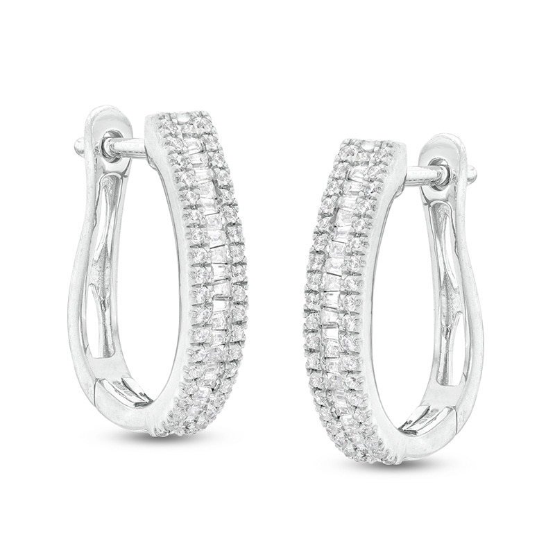 Main Image 1 of Previously Owned - 1/2 CT. T.W. Baguette and Round Diamond Hoop Earrings in 10K White Gold