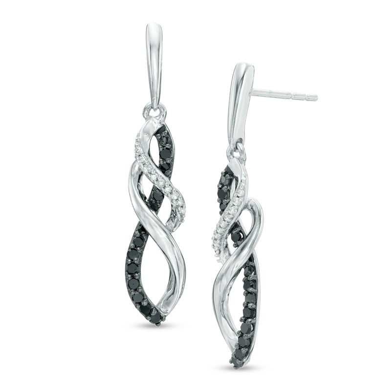 Main Image 1 of Previously Owned - 1/4 CT. T.W. Enhanced Black and White Diamond Twist Drop Earrings in 10K White Gold
