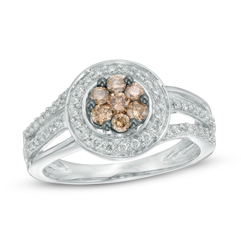 Main Image 1 of Previously Owned - 5/8 CT. T.W. Champagne and White Diamond Cluster Frame Ring in 14K White Gold