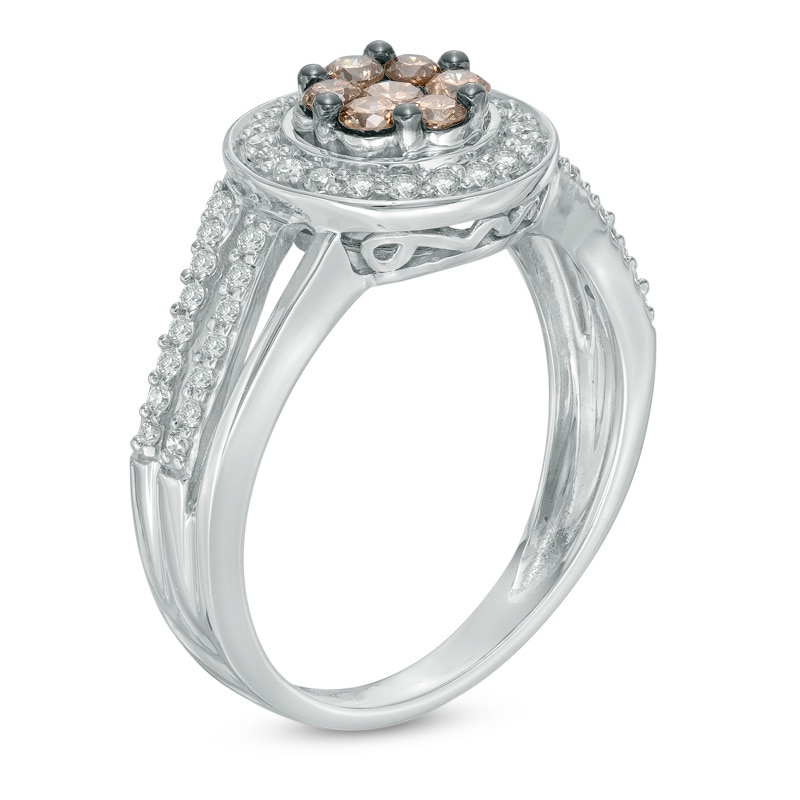 Main Image 2 of Previously Owned - 5/8 CT. T.W. Champagne and White Diamond Cluster Frame Ring in 14K White Gold
