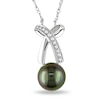 Thumbnail Image 1 of Previously Owned-8.0-8.5mm Black Tahitian Cultured Pearl and 1/10 CT. T.W. Diamond Bow Necklace-17"