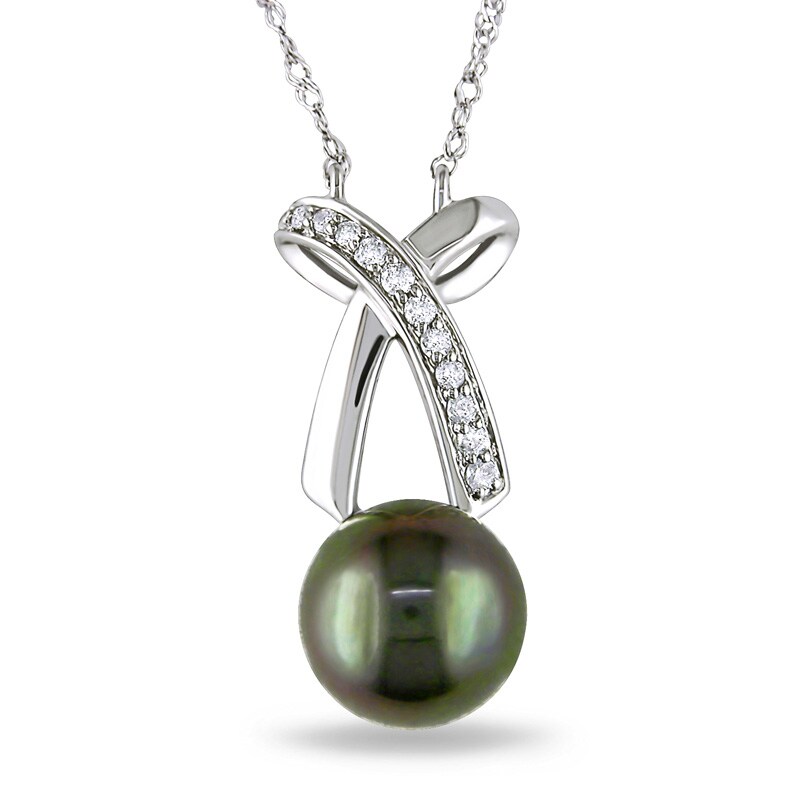 Main Image 1 of Previously Owned-8.0-8.5mm Black Tahitian Cultured Pearl and 1/10 CT. T.W. Diamond Bow Necklace-17"