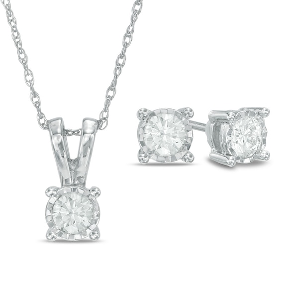 Previously Owned - 1/4 CT. T.w. Diamond Solitaire Pendant and Earrings Set in 10K White Gold