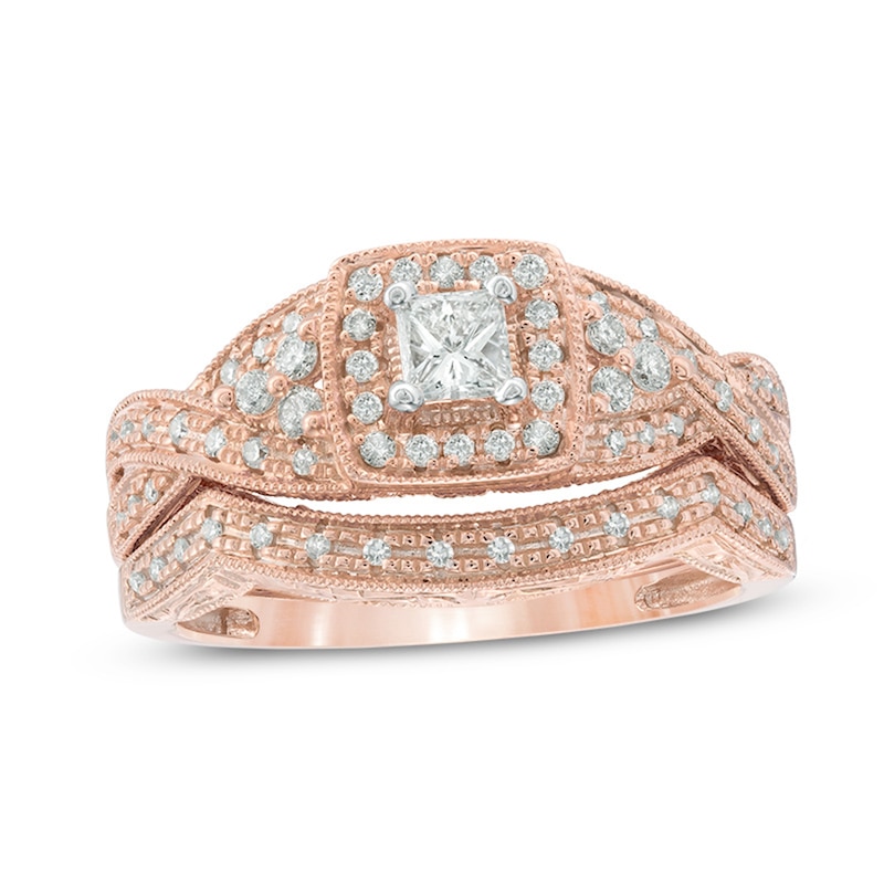 Main Image 1 of Previously Owned - 1/2 CT. T.W. Diamond Square Frame Vintage-Style Bridal Set in 14K Rose Gold