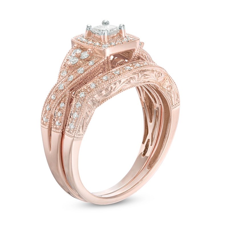 Main Image 2 of Previously Owned - 1/2 CT. T.W. Diamond Square Frame Vintage-Style Bridal Set in 14K Rose Gold