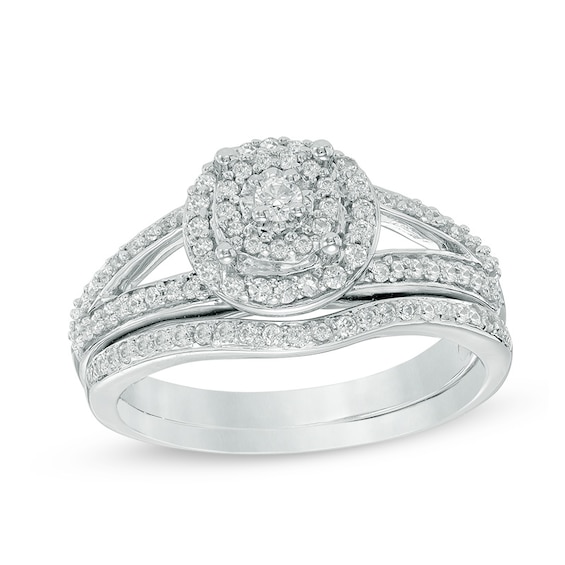 Previously Owned - 1/2 CT. T.w. Composite Diamond Double Frame Split Shank Bridal Set in 10K White Gold