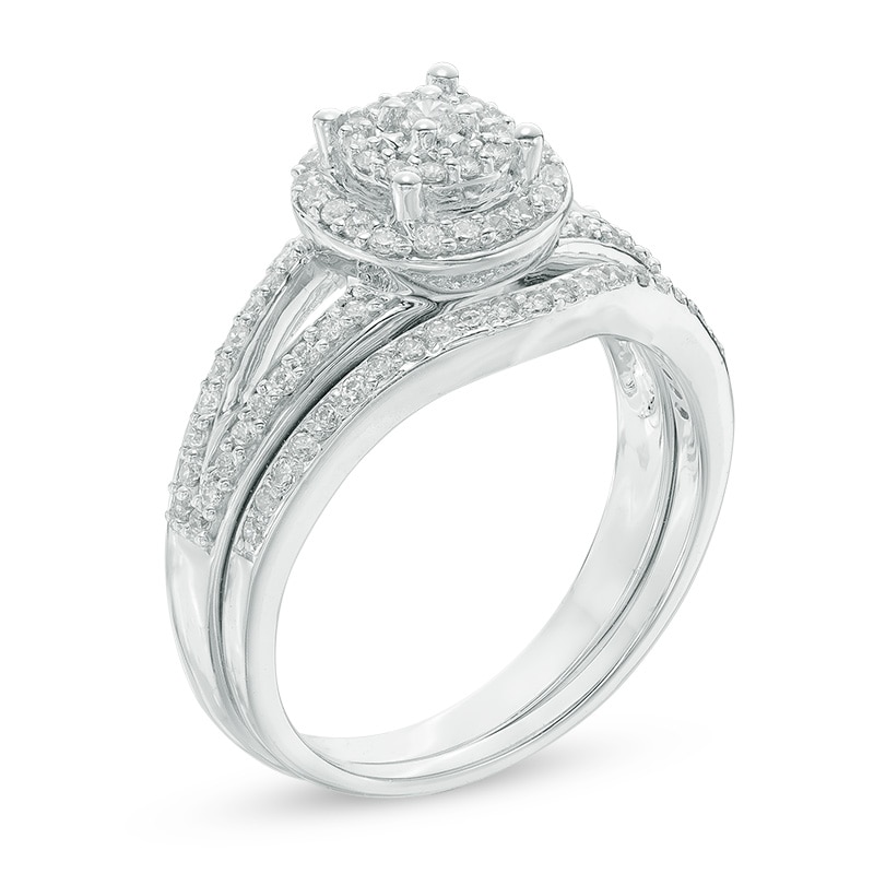 Main Image 2 of Previously Owned - 1/2 CT. T.W. Composite Diamond Double Frame Split Shank Bridal Set in 10K White Gold