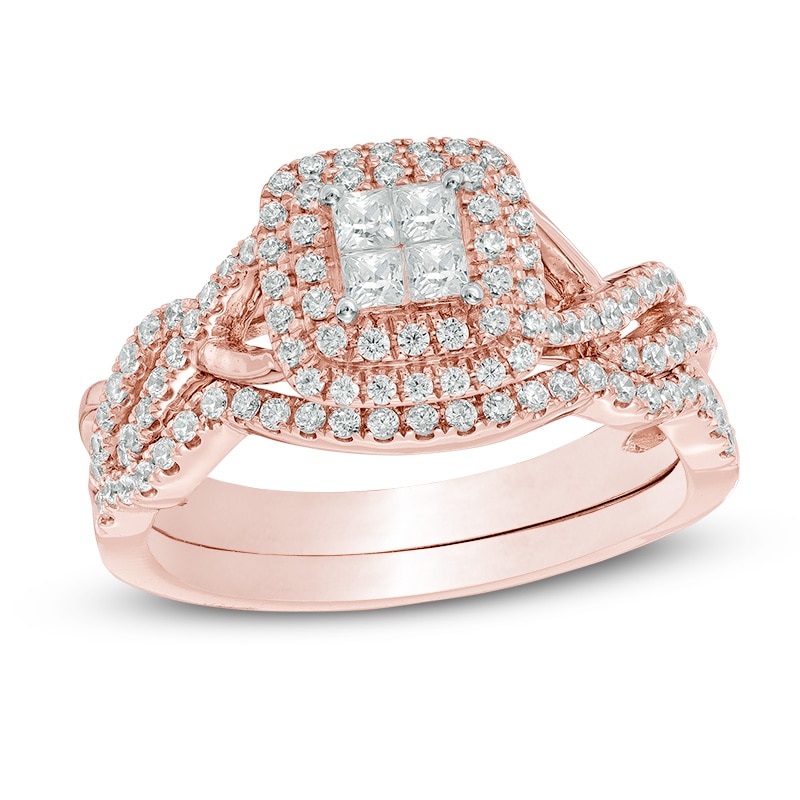 Main Image 1 of Previously Owned 1/2 CT. T.W. Quad Princess-Cut Diamond Double Frame Soldered Bridal Set in 10K Rose Gold