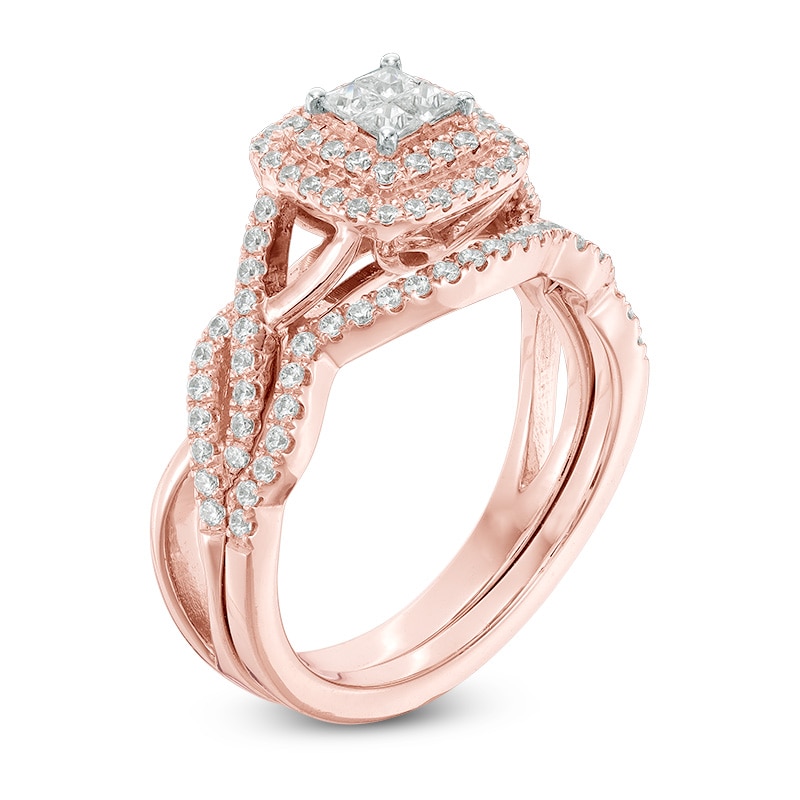 Main Image 2 of Previously Owned 1/2 CT. T.W. Quad Princess-Cut Diamond Double Frame Soldered Bridal Set in 10K Rose Gold