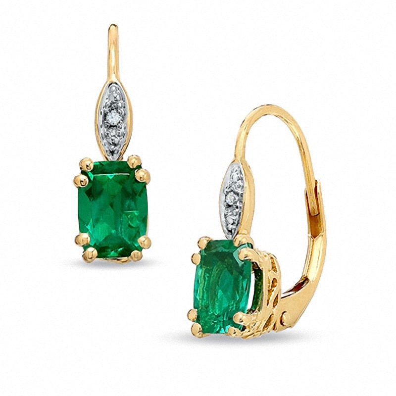 Main Image 1 of Previously Owned - Cushion-Cut Lab-Created Emerald and Diamond Accent Drop Earrings in 10K Gold