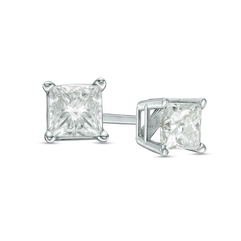 Main Image 1 of Previously Owned - 3/4 CT. T.W. Princess-Cut Diamond Solitaire Stud Earrings in 14K White Gold