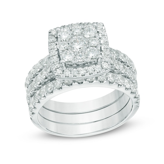 Previously Owned - 2 CT. T.w. Composite Diamond Cushion Frame Three Piece Bridal Set in 14K White Gold