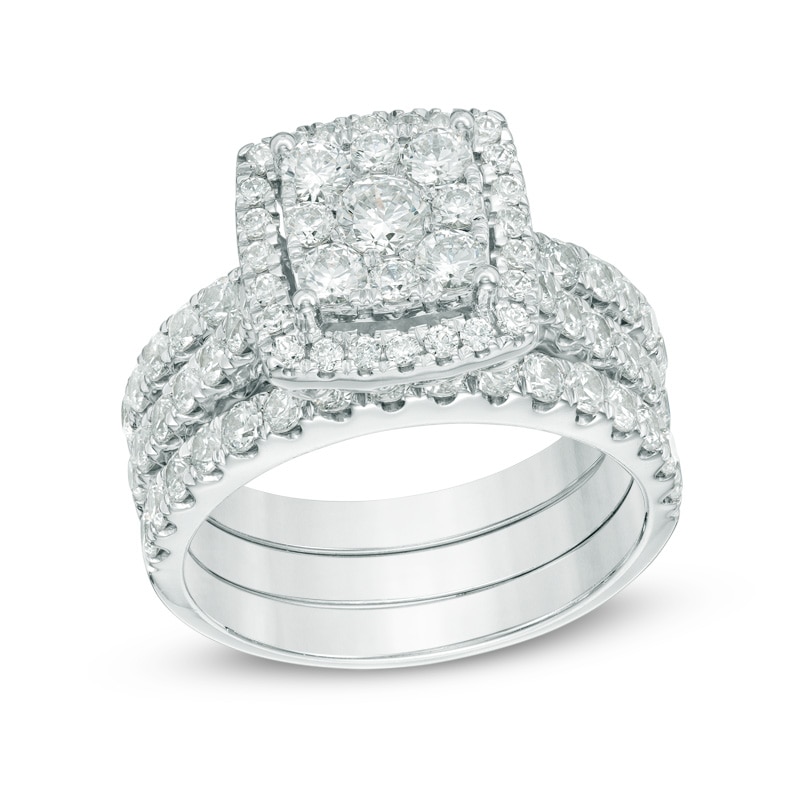 Main Image 1 of Previously Owned - 2 CT. T.W. Composite Diamond Cushion Frame Three Piece Bridal Set in 14K White Gold