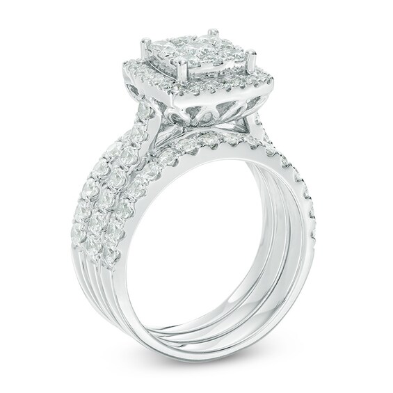 Previously Owned - 2 CT. T.w. Composite Diamond Cushion Frame Three Piece Bridal Set in 14K White Gold