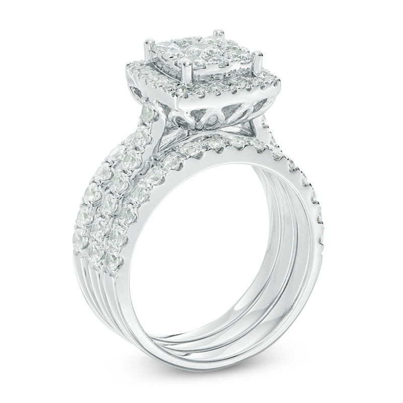Main Image 2 of Previously Owned - 2 CT. T.W. Composite Diamond Cushion Frame Three Piece Bridal Set in 14K White Gold