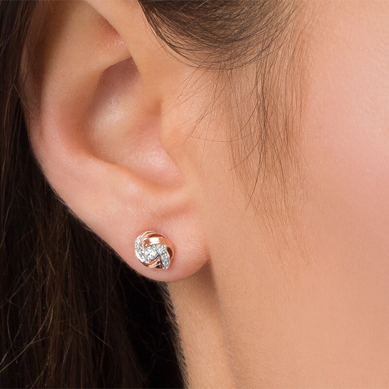 Main Image 3 of Previously Owned - 1/8 CT. T.W. Diamond Love Knot Stud Earrings in 10K Rose Gold