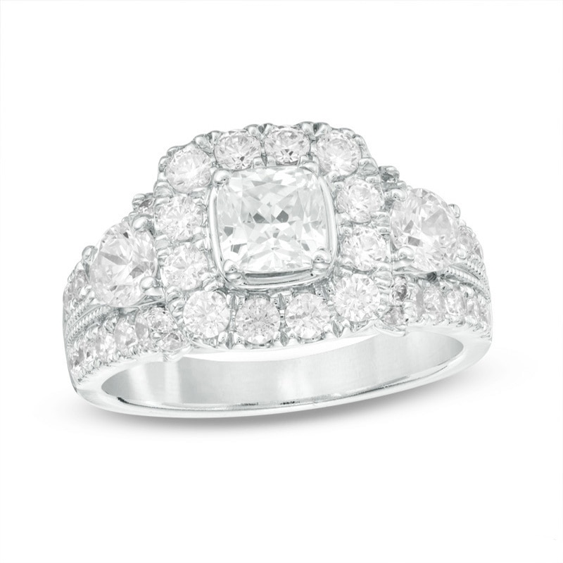 Main Image 1 of Previously Owned - Celebration Ideal 2 CT. T.W. Diamond Frame Three Stone Engagement Ring in 14K White Gold (I/I1)