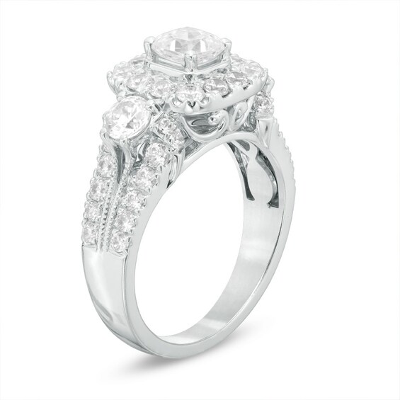 Previously Owned - Celebration Ideal 2 CT. T.w. Diamond Frame Three Stone Engagement Ring in 14K White Gold (I/I1)