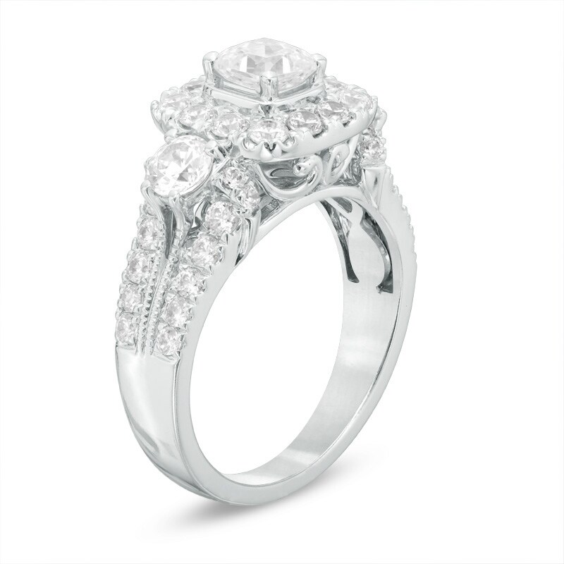 Main Image 2 of Previously Owned - Celebration Ideal 2 CT. T.W. Diamond Frame Three Stone Engagement Ring in 14K White Gold (I/I1)