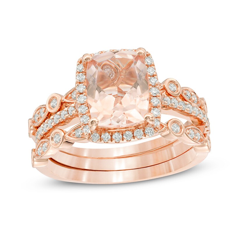 Main Image 1 of Previously Owned - Morganite and 3/8 CT. T.W. Diamond Frame Art Deco Three Piece Bridal Set in 14K Rose Gold