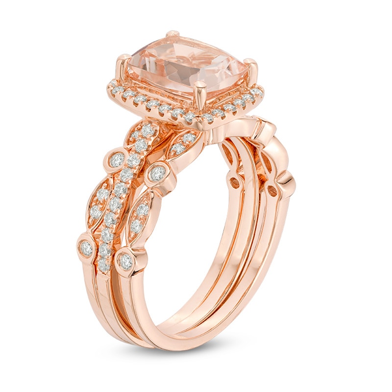 Main Image 2 of Previously Owned - Morganite and 3/8 CT. T.W. Diamond Frame Art Deco Three Piece Bridal Set in 14K Rose Gold