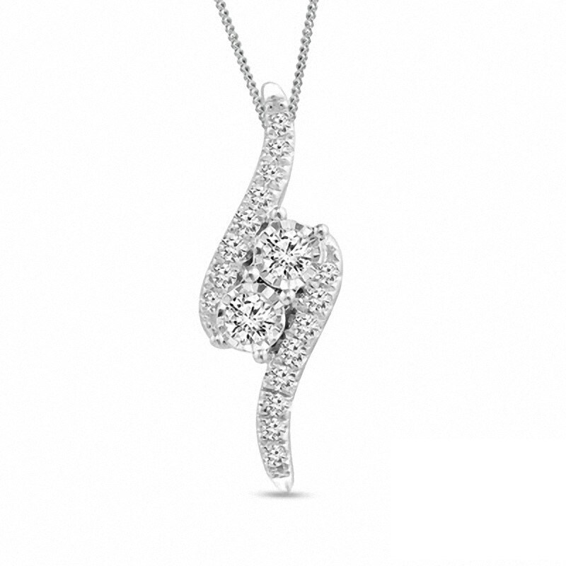 Main Image 1 of Previously Owned - Ever Us® 1/4 CT. T.W. Two-Stone Diamond Bypass Pendant in 14K White Gold - 19"