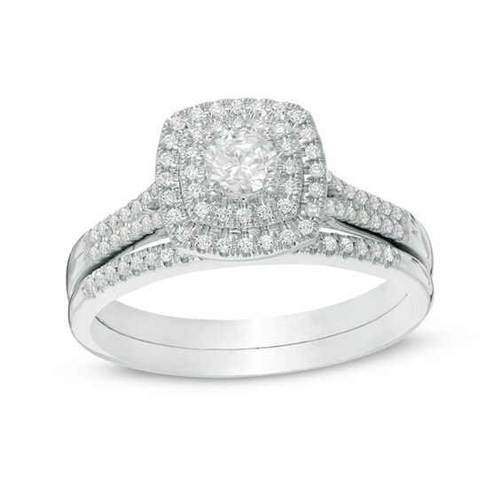 Previously Owned - 1/2 CT. T.w. Diamond Double Cushion Frame Bridal Set in 14K White Gold