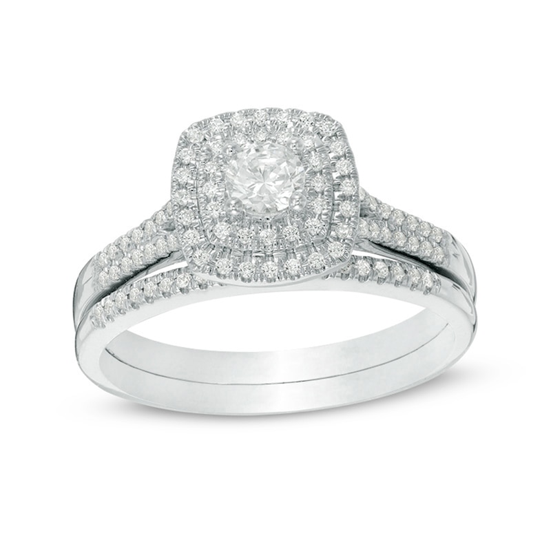 Main Image 1 of Previously Owned - 1/2 CT. T.W.  Diamond Double Cushion Frame Bridal Set in 14K White Gold