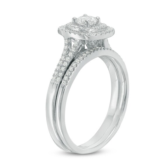 Previously Owned - 1/2 CT. T.w. Diamond Double Cushion Frame Bridal Set in 14K White Gold