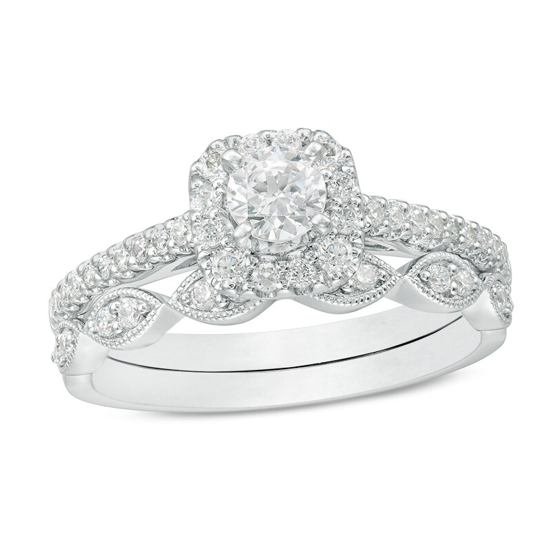 Main Image 1 of Previously Owned - 3/4 CT. T.W. Diamond Cushion Frame Vintage-Inspired Bridal Set in 10K White Gold