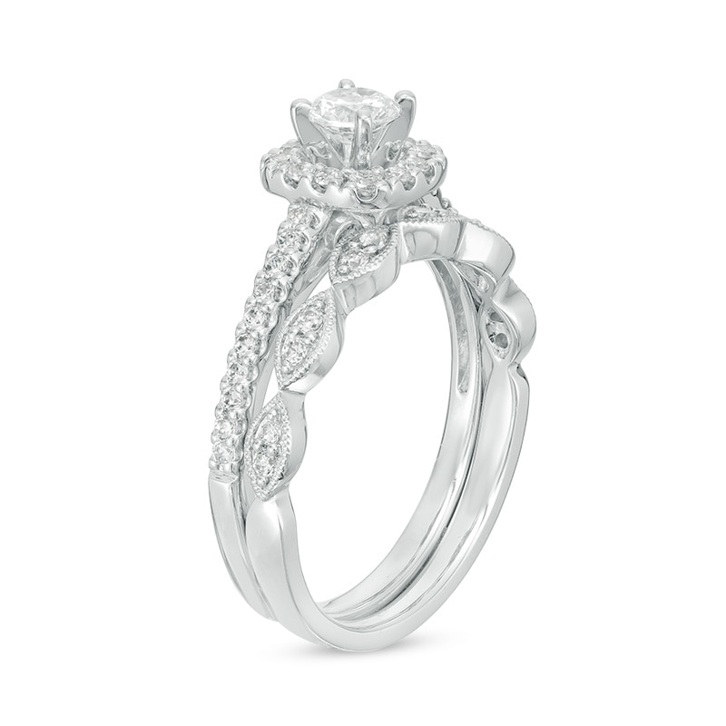 Main Image 2 of Previously Owned - 3/4 CT. T.W. Diamond Cushion Frame Vintage-Inspired Bridal Set in 10K White Gold