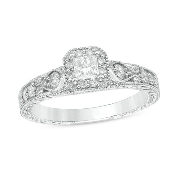 Previously Owned - 1/2 CT. T.w. Princess-Cut Diamond Frame Vintage-Style Engagement Ring in 10K White Gold