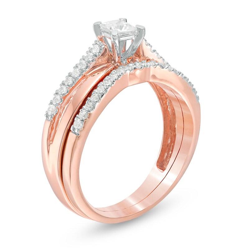 Main Image 2 of Previously Owned - 2-1/2 CT. T.W. Diamond Past Present Future® Cushion Frame Twist Engagement Ring in 14K Two-Tone Gold