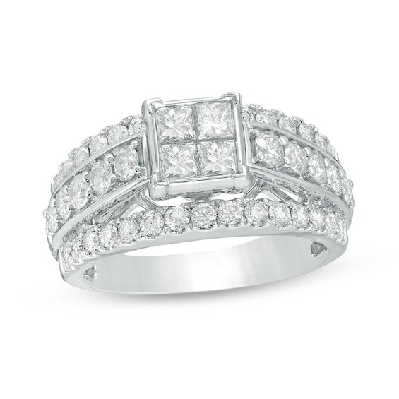 Previously Owned - 2 CT. T.w. Quad Princess-Cut Diamond Three Row Engagement Ring in 14K White Gold
