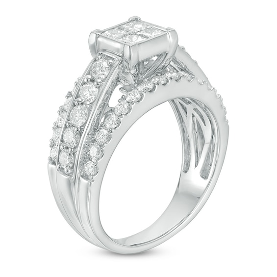 Previously Owned - 2 CT. T.w. Quad Princess-Cut Diamond Three Row Engagement Ring in 14K White Gold