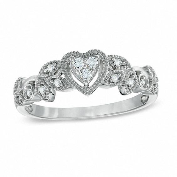 Previously Owned - 1/8 CT. T.w. Heart-Shaped Multi-Diamond Vintage-Style Promise Ring in 10K White Gold