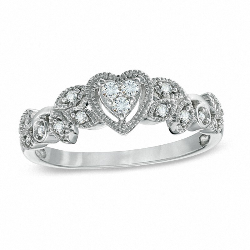Main Image 1 of Previously Owned - 1/8 CT. T.W. Heart-Shaped Multi-Diamond Vintage-Style Promise Ring in 10K White Gold